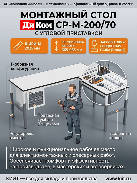 Монтажный стол СР-М-200/70 с угловой приставкой | Для электромонтажных и слесарных работ, ДСП 25 мм