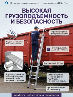 Лестница навесная телескопическая MEGAL ЛНАт - 4,0 (4,2 м, 200 кг, алюминий). Изображение №3