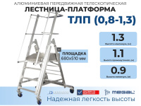 Купить телескопическую лестницу-платформу MEGAL ТЛП (0,8-1,3). Высота 0,9–1,3 м, алюминиевая, грузоподъемность 150 кг.