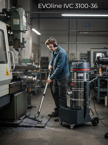Промышленный пылесос EVOline IVC 3100-36 создан для регулярной сухой и влажной уборки на производстве и в складах