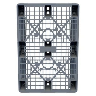 Пластиковый паллет iPlast 1200x800x150 мм (серый, усиленный, перфорированный, на 2 полозьях с бортиком). Изображение №3