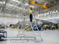Алюминиевая авиационная площадка Megal ПАА – 2,1x1,2 это передвижная лестница с площадкой 1,2 метра на высоте 2,1 метра для проведения ремонтных и сервисных работ воздушно транспортных средств, других высотных конструкций на складе, производстве и в магаз