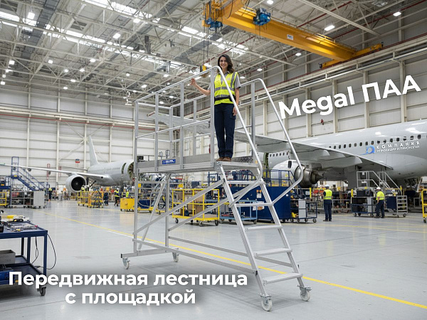 Алюминиевая авиационная площадка Megal ПАА – 2,1x1,2 это передвижная лестница с площадкой 1,2 метра на высоте 2,1 метра для проведения ремонтных и сервисных работ воздушно транспортных средств, других высотных конструкций на складе, производстве и в магаз