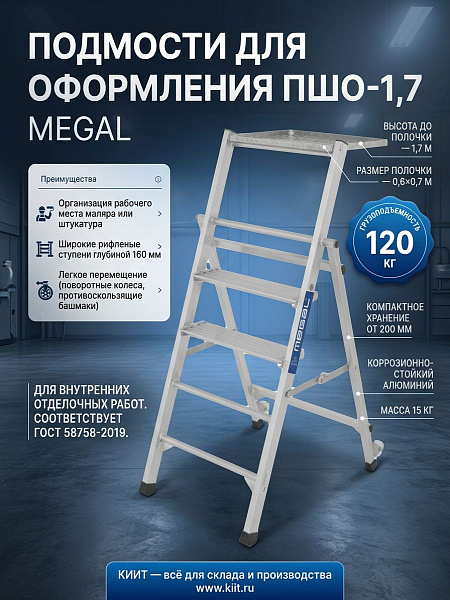 Купить подмости для штукатуров-отделочников MEGAL ПШО-1,7. Высота 1,7 м, полка 0,6×0,7 м, масса 15 кг. Продажа, доставка в Москве и по всей России — КИИТ.