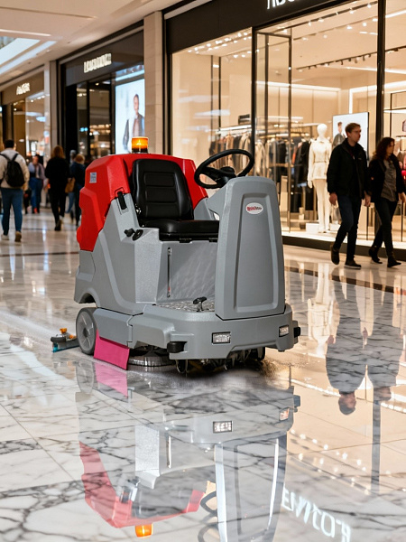 Аккумуляторная поломоечная машина с сиденьем для оператора EVOline SDB 860T (Китай) для быстрой уборки и мойки средних и больших площадей супермаркетов, коммерческих, складских и производственных помещений