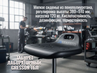 Сиденье из мягкого пенополиуретана устойчиво к обработке дезинфицирующими и моющими средствами, обладает повышенной износостойкостью, кислотостойкостью и ударной прочностью. Материал выдерживает кратковременное воздействие температуры до 300°С. Регулировк