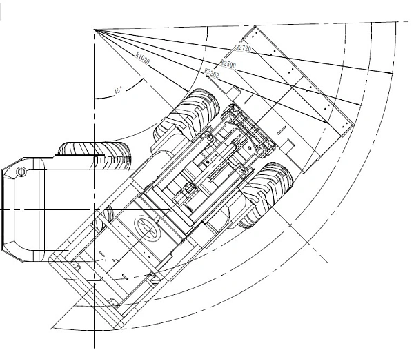 TAIAN DY840 — шарнирно-сочлененная рама Угол поворота 45° и внутренний радиус разворота 1020 мм для маневренной работы на ограниченном пространстве.