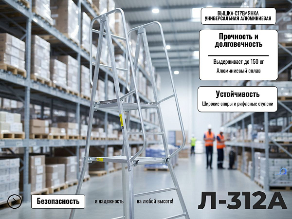 Универсальная лестница с площадкой Megal Л-312А (Н-1,5) представляет собой алюминиевую вышку-стремянку, оснащенную рабочей площадкой размером 510х500 мм, способную выдерживать нагрузку до 150 кг.