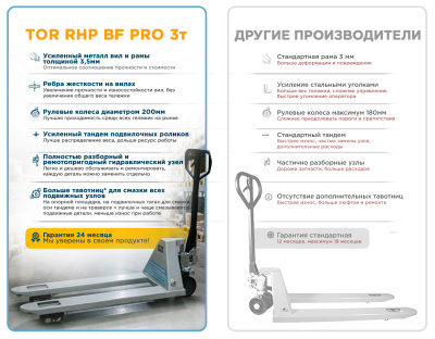 Гидравлическая тележка TOR RHP(BF) PRO 3000 кг, 1150 мм, полиуретановые колеса. Изображение №3