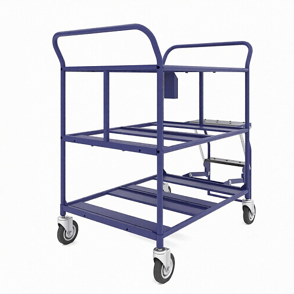 Трехъярусная тележка ТДЯ 660х1055х950 мм для перевозки ящиков, вид спереди.
