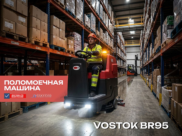VOSTOK BR95 — поломоечная машина для генеральной уборки помещений до 6000 м² - уборка большого склада