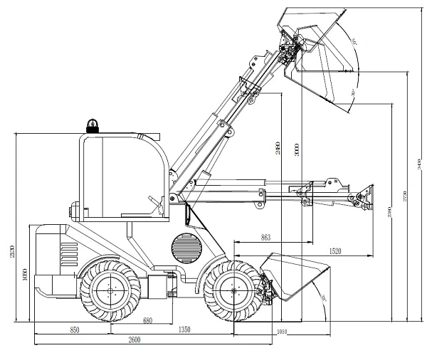TAIAN DY840 — вид сбоку Компактные габариты, усиленная конструкция и отличная обзорность для работы в любых условиях.