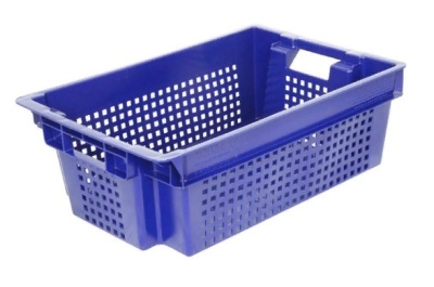 Ящик п/э 600х400х200 дно сплошн. стенки перф. синий, вес 1,5 кг. Изображение №1