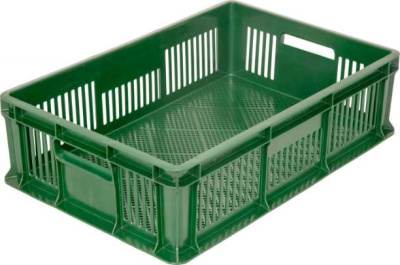 Пластиковый ящик 600х400х140 мм перфорированный с полузакрытой ручкой зеленый. Изображение №1