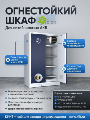 Огнестойкий шкаф DION 700 для хранения литий-ионных АКБ (огнестойкость 120 мин, 388 л, 2005×680×715 мм). Изображение №4
