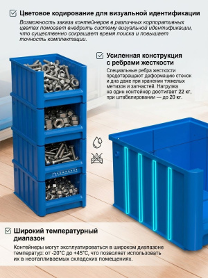 Полочный контейнер iPlast SK-4109 (400х117х90 мм, голубой, с 2 поперечными перегородками). Изображение №5