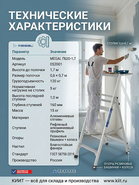 Алюминиевые подмости ПШО-1,7 для маляров и штукатуров с полочкой для инструмента