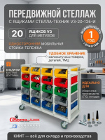 Купить передвижной стеллаж с ящиками Стелла-техник V3-20 ячеек (125И). 20 пластиковых ящиков, габариты 1030x460x875 мм, грузоподъемность 350 кг. Продажа, доставка в Москве и по всей России — КИИТ.