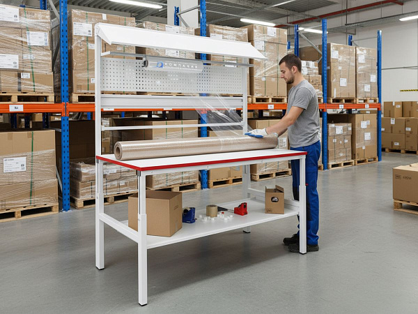 Упаковочный стол GRESSON КСУ-1800 в логистическом центре. Сотрудник упаковывает длинный рулон или трубу, которая полностью помещается на столешнице длиной 1800 мм.
