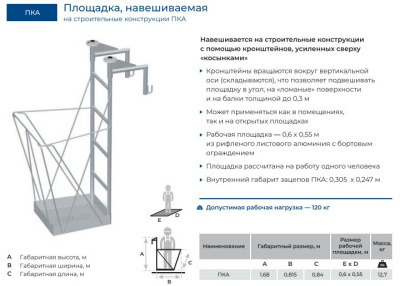 Навесная площадка на строительные конструкции  MEGAL ПКА (120 кг, размер площадки 0,6x0,55 м). Изображение №4