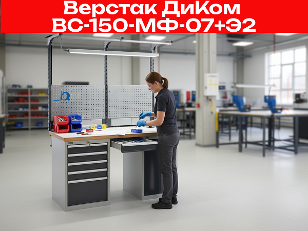 Верстак ДиКом ВС-150-МФ-07+Э2 с экраном для слесарных и сборочных работ, организации рабочего места на производстве