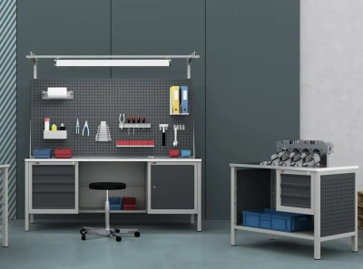 Верстак ДиКом ВЛ-К-200-05+Э2 | Ширина 2000 мм, две тумбы (4+ ящика), экран 1240 мм, светильник. Изображение №3