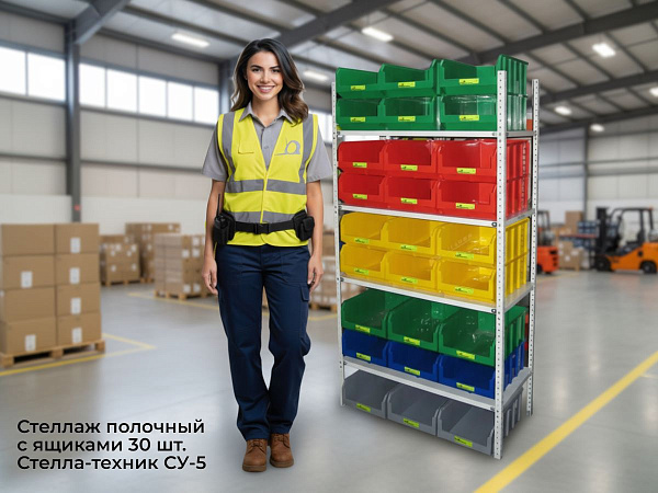 Полочные стеллажи с пластиковыми ящиками Стелла-техник СУ-5 предназначены для организации складских систем хранения и рабочих мест на сборочных производствах, в торговых и складских помещениях, в автомобильных мастерских СТО