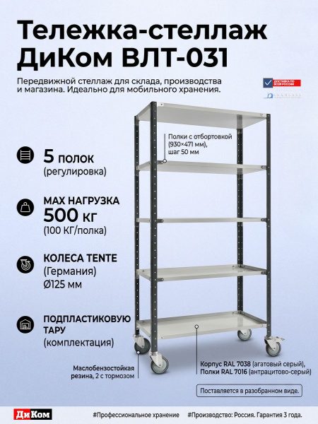Купить тележку ДиКом ВЛТ-031. 5 полок, нагрузка 500 кг, колеса TENTE (Германия). Передвижной стеллаж для склада и производства. Доставка в Москве и по России - КИИТ.