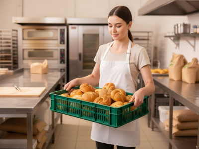 Хлебный 3-х бортный ящик сплошное дно 740х465х145 перфорированные стенки, объем 39, зеленый. Изображение №4