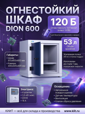 Огнестойкий шкаф DION 600 для хранения литий-ионных АКБ (огнестойкость 120 мин, 53 л, 615×600×600 мм). Изображение №6