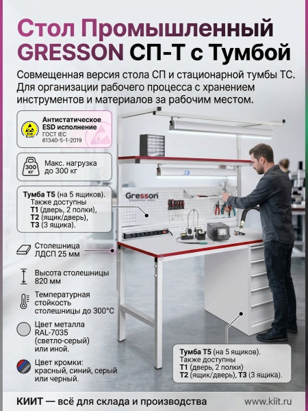 Купить промышленный стол с тумбой GRESSON СП-Т. Длина 1200/1500/1800 мм, нагрузка 300 кг, 5 вариантов тумб (Т1-Т5). ESD исполнение по ГОСТ IEC 61340-5-1-2019. Продажа, доставка в Москве и по всей России — КИИТ.