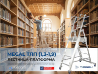 Телескопическая лестница-платформа MEGAL ТЛП в высоком библиотечном архиве. Сотрудница библиотеки в удобной одежде стоит на площадке и достает книги с верхней полки стеллажа