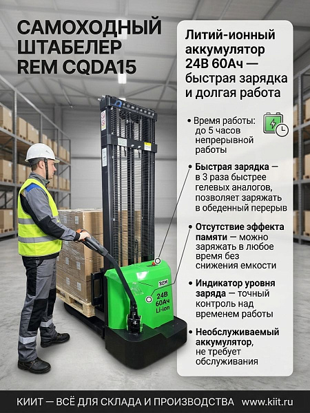 Самоходный штабелер REM CQDA15 Li-ion с литиевым аккумулятором 24В 60Ач — это современное решение для складов до 3000 м². Быстрая зарядка (в 3 раза быстрее гелевых аналогов), отсутствие эффекта памяти и длительное время работы делают его идеальным выбором