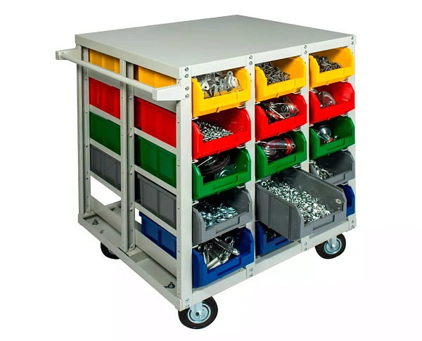 Стеллаж с направляющими мобильный двусторонний V3-30 ячеек (150И), грузоподъемность 400 кг, предназначен для размещения ящиков V-3 в отдельных ячейках на продольных направляющих.