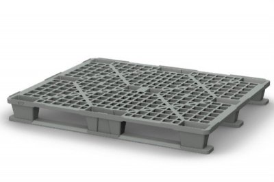 Пластиковый стеллажный поддон на трёх полозьях iPlast 02.114 перфорированный серый. Изображение №1