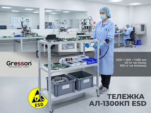 Передвижная антистатическая тележка GRESSON АЛ-1300КП ESD предназначена для транспортировки в рабочей зоне продукции, комплектующих, приборов, ящиков и оборудования, чувствительных к статическому электричеству, на складах, производственных участках и в чи