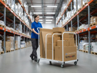 Передвижная тележка для картона GRESSON ТК на современном складе. Три секции заполнены картонными коробками разного размера. Девушка-оператор в рабочей форме перемещает тележку по складу. Четыре поворотных колеса обеспечивают легкое движение.