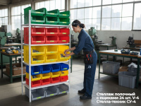 Полочный стеллаж с  ударопрочными ящиками типа V подойдет для хранения инструмента, деталей, запчастей или различных мелочей