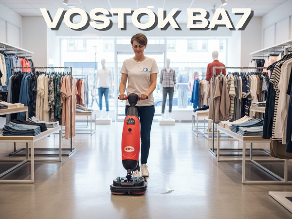 Поломоечная машина VOSTOK BA7: вертикальная, аккумуляторная (литий), ширина уборки 43 см. Двойные щётки встречного вращения с системой всасывания. Для средних коммерческих площадей.