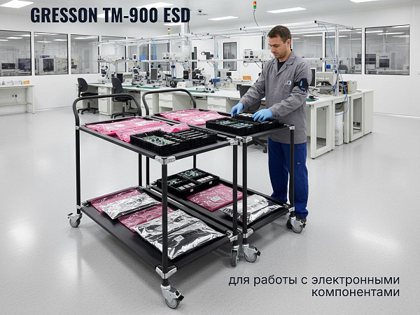 Тележка GRESSON ТМ-900-3 в антистатическом исполнении (ESD) на производстве электроники. На трёх полках размещены платы и компоненты в антистатической упаковке. Оператор в антистатическом халате работает с тележкой
