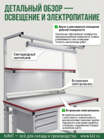 Широкий набор дополнительного оборудования позволяет настроить рабочее место под любые задачи: подвесные тумбы, перфорированные панели, электропанели, планки для крепления лотков, полки для приборов и оборудования, освещение рабочей поверхности, угловые с