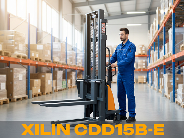Штабелер гидравлический с электроподъемом 1,5 т 3,0 м XILIN CDD15B-E с раздвижными вилами - полуэлектрический штабелер для подъема груза весом до 1500 кг на высоту до 3 метров на складе, производстве и в магазине