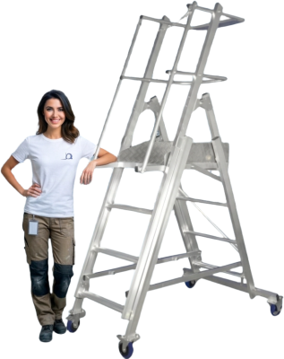Телескопическая лестница-платформа MEGAL ТЛП (1,3-1,9) — алюминиевая, передвижная, с регулировкой высоты. Изображение №1
