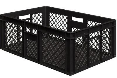 Евроконтейнер ЕСР-6422 600x400x220 мм iPlast (чёрный ЭКО, перфорированный, с открытыми ручками). Изображение №1