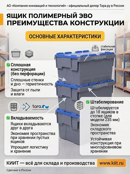 Пластиковый ящик ЭВО 4327 400x300x270 | Сплошной, вкладываемый, стопка до 18 шт., Россия