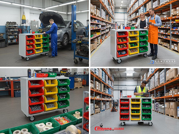 Для мобильного хранения мелкоштучных изделий, крепежа, метизов и инструмента в автомастерских, строительных магазинах, складах и производственных цехах с возможностью перемещения по территории предприятия
