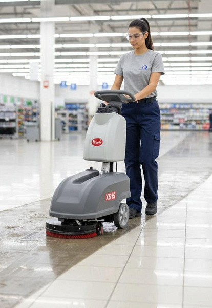 Поломоечная машина XGroup XS15 в магазине Уборка узких проходов и прикассовых зон в розничных магазинах и бутиках.