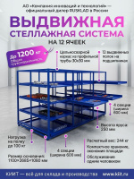 Купить стеллажную выдвижную систему на 12 ячеек RUSKLAD. Грузоподъемность 1200 кг, 4 секции, каркас из профильной трубы. Продажа, доставка в Москве и по всей России — КИИТ.