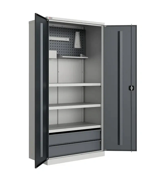 Инструментальный шкаф TS-052-04 с перфорированным экраном, навесными аксессуарами, полками и ящиками