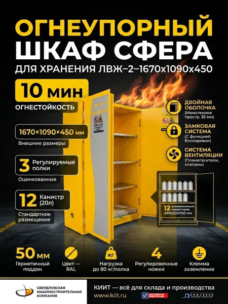 Купить огнеупорный шкаф Сфера для хранения ЛВЖ 1670×1090×450 мм. 3 полки, поддон, замок, заземление. Для складов и производств. Продажа, доставка в Москве и по всей России — КИИТ.